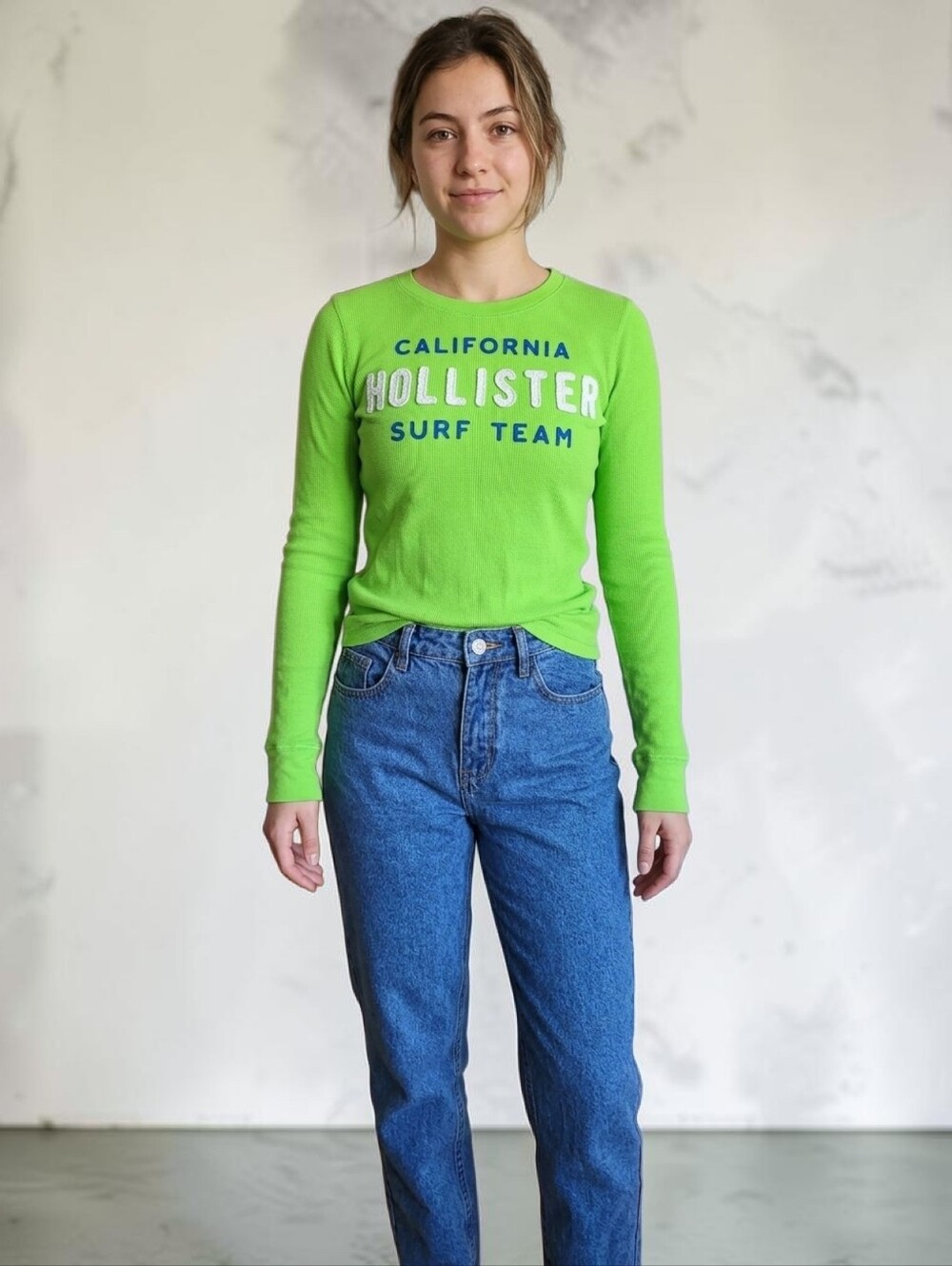 Vintage Hollister California Surf Team Women's Lime Green Long-Sleeved Tee